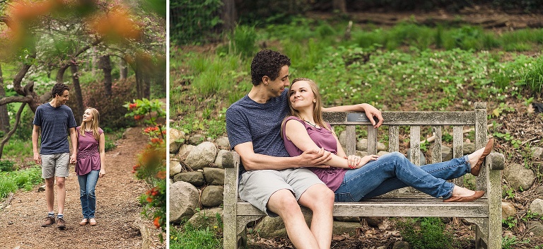 couple walking and sitting on bench at the Nichols arboretum