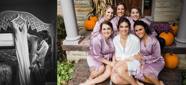 Bridal party sitting on steps in front of house in Alma, MI.