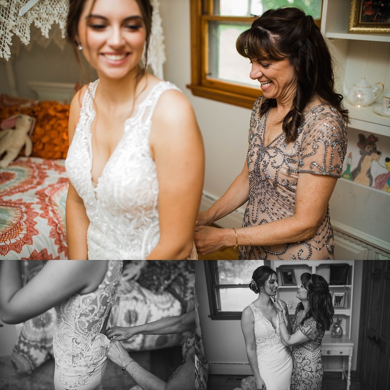 Bride getting ready for wedding with her mother.